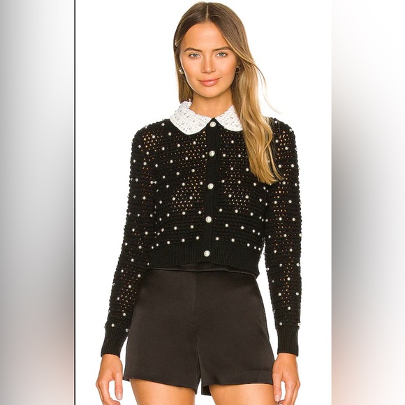 Alice + Olivia Black Wool Bobble Knit Pearl Cardigan Sweater White Collar Small